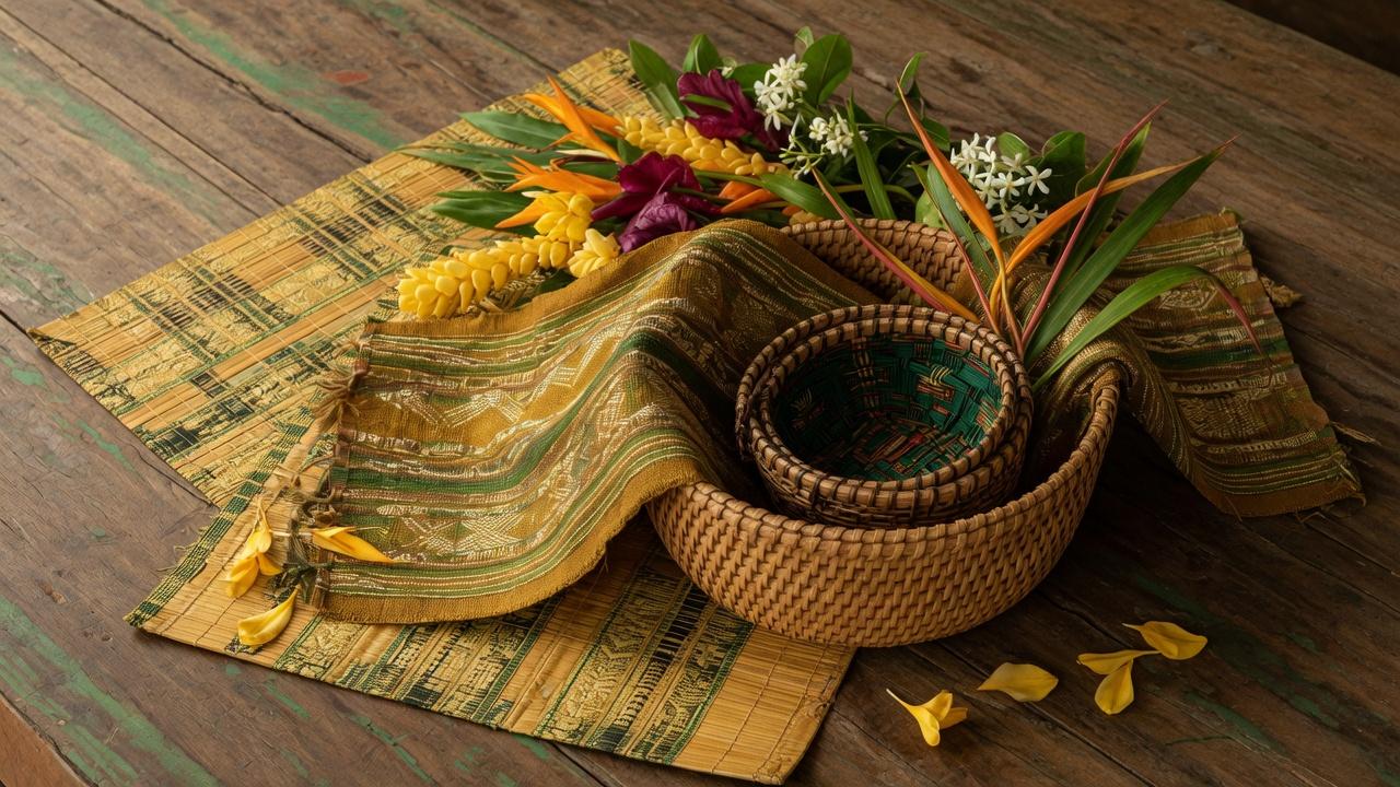 Traditional Filipino textiles and crafts still life