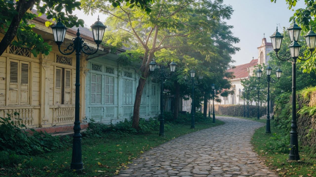 Shaded heritage walking path in a colonial district