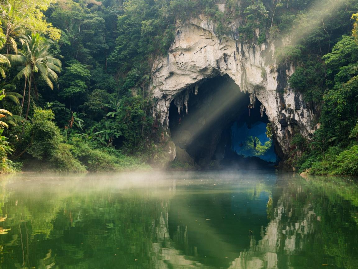 Limestone cave river entrance in a jungle setting